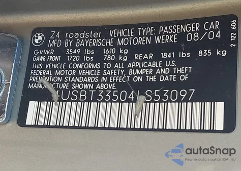 2004 BMW Z4 2.5I из США, поврежденный, VIN 4USBT33504LS53097